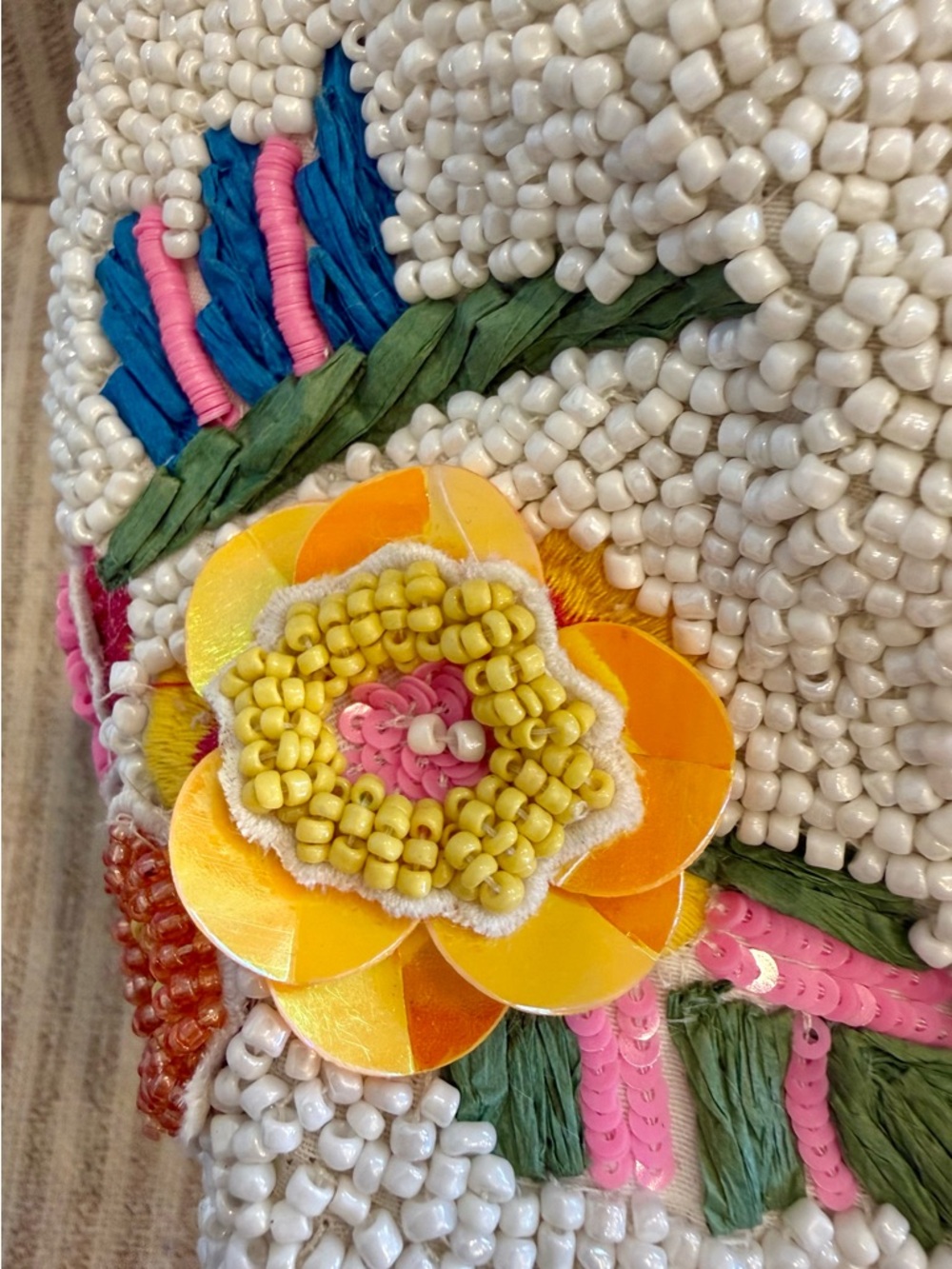 Made in India White Beaded Tote w/ Colorful Embroidered Parrot & Floral Accents - Picture 7 of 7